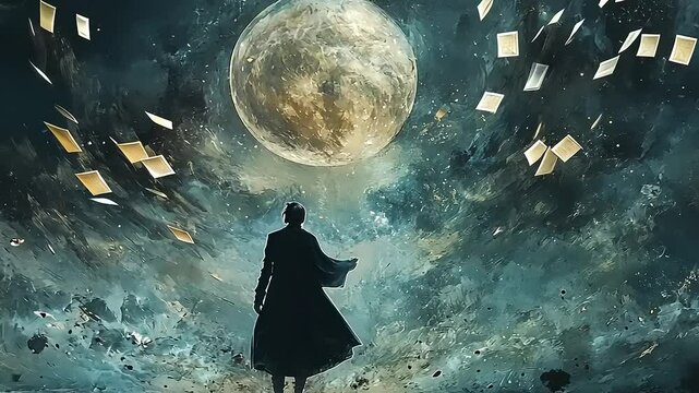 A solitary figure stands under a luminous moon, surrounded by floating papers in a mystical landscape