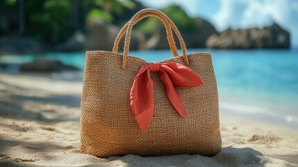 Showcasing a beautifully designed beige wicker beach bag adorned with a handkerchief tied to its handle, ideal for beach days or casual outings.
