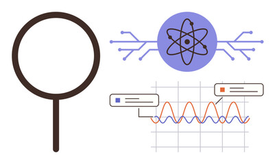 Obraz premium Magnifying glass, atom with digital lines, graph with annotations. Ideal for science, research, analytics, innovation, education engineering technology communication. A simple flat metaphor