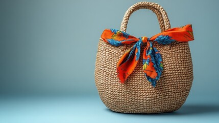 Showcasing a beautifully designed beige wicker beach bag adorned with a handkerchief tied to its handle, ideal for beach days or casual outings.