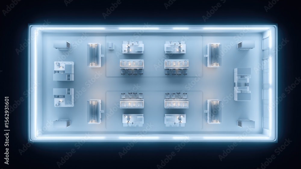 Poster drone-view overhead of cleanroom with multiple biomedical robots and sample processing stations in g