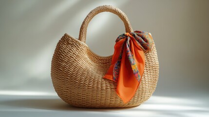 Showcasing a beautifully designed beige wicker beach bag adorned with a handkerchief tied to its handle, ideal for beach days or casual outings.