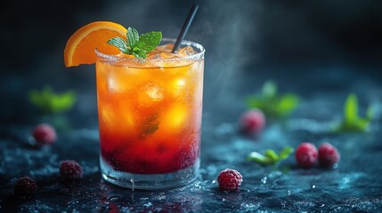 Colorful cocktail served in elegant glass with vibrant layers garnished with fruit on a dark bar counter
