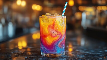 Colorful cocktail served in elegant glass with vibrant layers garnished with fruit on a dark bar counter