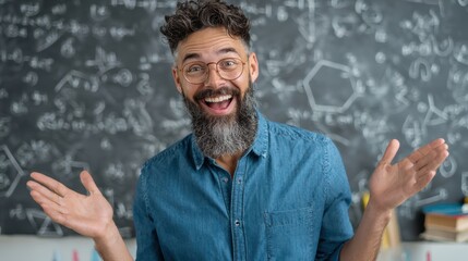 Friendly math teacher demonstrating geometry shapes with hand gestures,