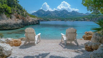 Serene sea view with adirondack chairs inviting relaxation by the shore