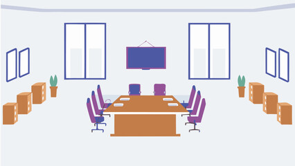 Illustration of a conference room with a table chairs windows and filing cabinets on a white background