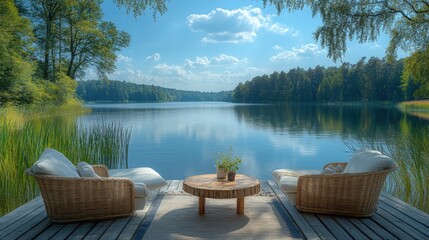 A serene lake reflects the evening sky, with a wooden dock equipped with adirondack chairs and a coffee table inviting relaxation among lush greenery.