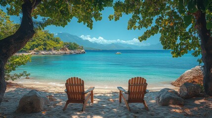 Two adirondack chairs sit on a sandy beach under lush greenery, overlooking a stunning blue sea and distant hills, perfect for a peaceful escape.