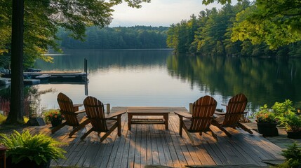 Tranquil lake view with wooden dock, adirondack chairs, and coffee table surrounded by nature at sunset