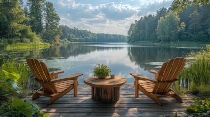 A serene lake reflects the evening sky, with a wooden dock equipped with adirondack chairs and a coffee table inviting relaxation among lush greenery.