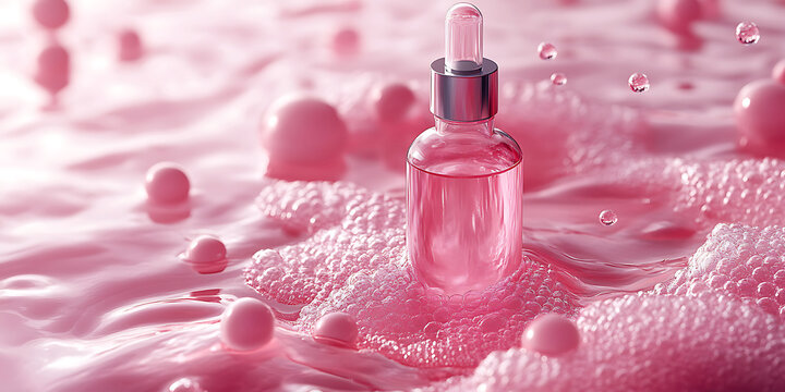 Pink serum bottle on textured surface with bubbles and spheres for skincare or cosmetic products promotion - Powered by Adobe