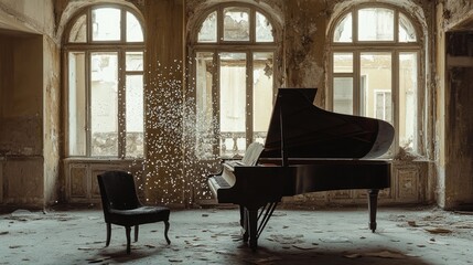 Piano in a dilapidated interior.