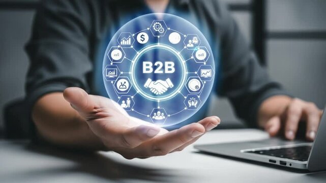Person holding btb digital graphic with handshake icon above laptop on a white surface indoors