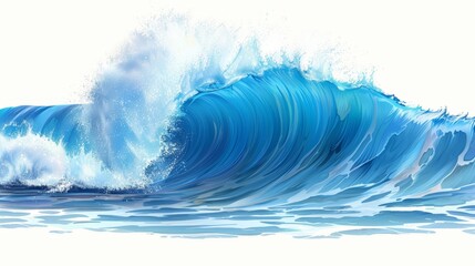 Vibrant ocean wave curling and crashing, creating foam and spray against a white background