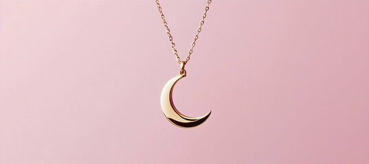 Crescent moon pendant on a gold chain necklace displayed on soft pink background featuring minimalist jewelry style with simple celestial design in close-up studio shot

