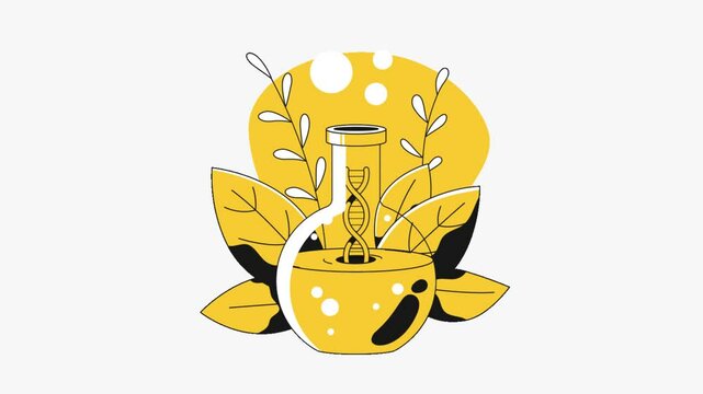 Botanical science flask with dna helix inside surrounded by abstract yellow leaves in clean monoline motion style. Perfect for educational biology visuals and more