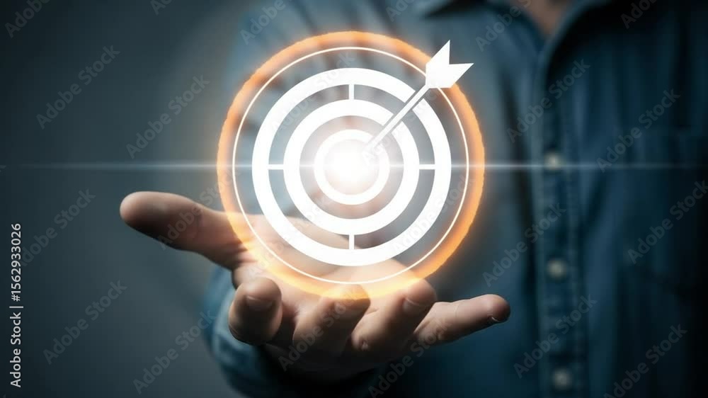 Poster a hand holding a target with an arrow in the center against a blurred background with bokeh lights