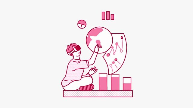 Animated flat illustration of a person wearing a VR headset interacting with a holographic globe and data charts, symbolizing virtual reality, immersive analytics, and futuristic digital exploration
 - Powered by Adobe