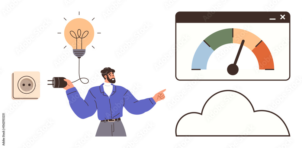 Poster person plugging socket into bulb, meter displaying power efficiency, and cloud element symbolizing i