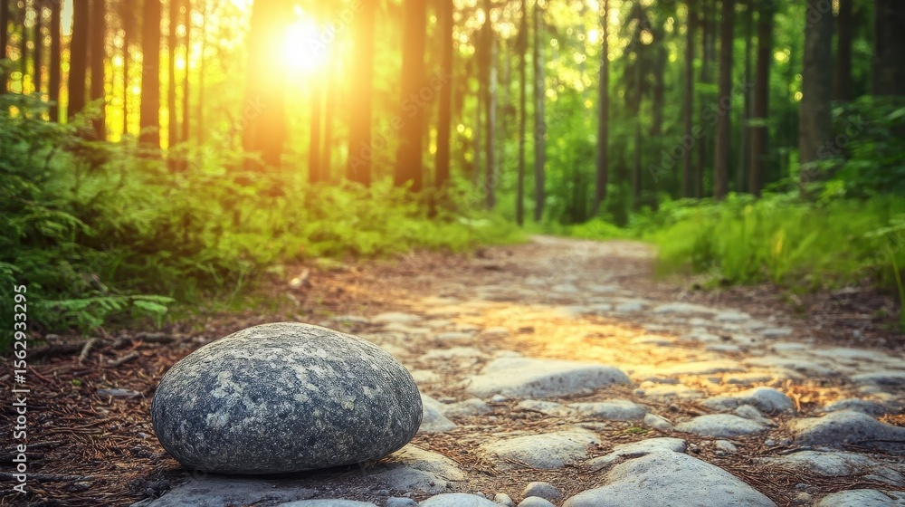 Poster sunlight streams down a forest path.