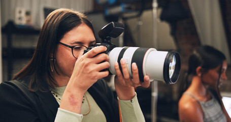 Camera, photographer and woman in production studio for fashion photoshoot, media and art....