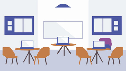 A brightly lit room with tables, chairs, laptops, and a whiteboard for collaborative work spaces