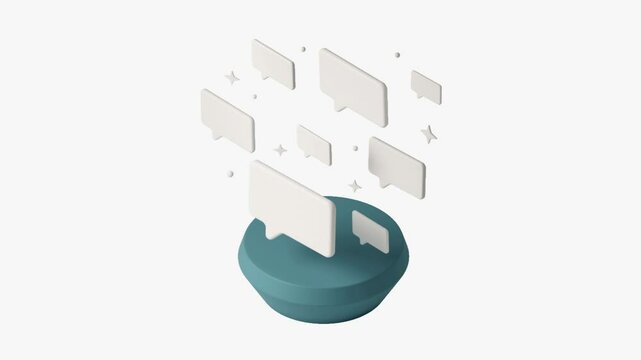 Animated 3D floating chat bubbles rising from a platform with sparkles and rounded shapes, representing online communication, messaging apps, and social interaction in a modern digital style