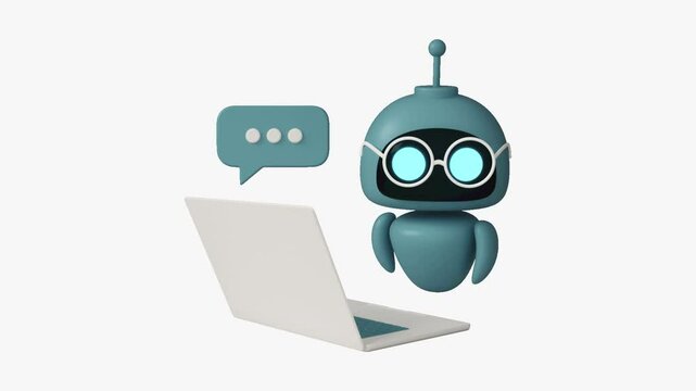 Animated 3D robot character with glasses chatting in front of a laptop, representing AI assistant, virtual support, and chatbot communication in a modern and playful digital style

