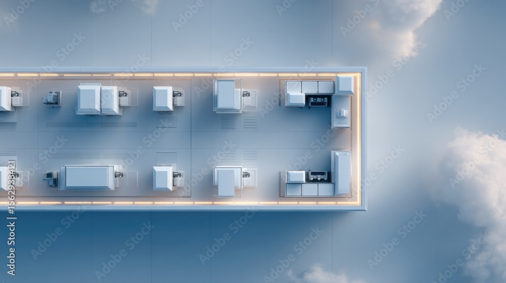 Poster drone-view overhead of cleanroom with multiple biomedical robots and sample processing stations in g