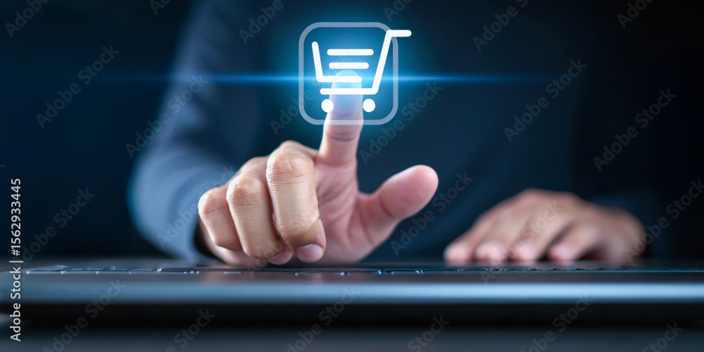 Poster e-commerce web button order concept. a hand interacts with a digital shopping cart icon over a keybo