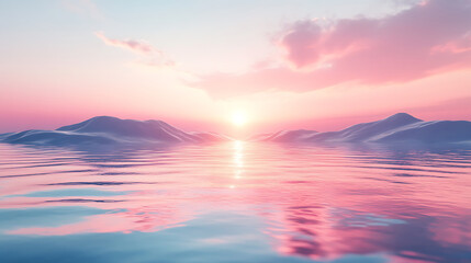 Pink sunset over water reflecting mountains and clouds in serene landscape image