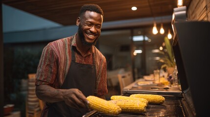 Man flipping golden corn cobs on electric grill with tongs, joyful