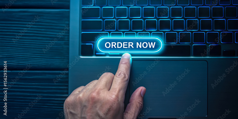 Poster e-commerce web button order concept. a hand pressing an illuminated 