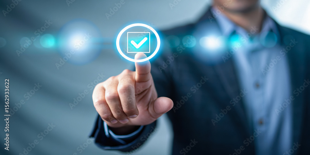 Aufkleber e-commerce web button order concept. a businessman interacts with a digital interface, pressing a gl