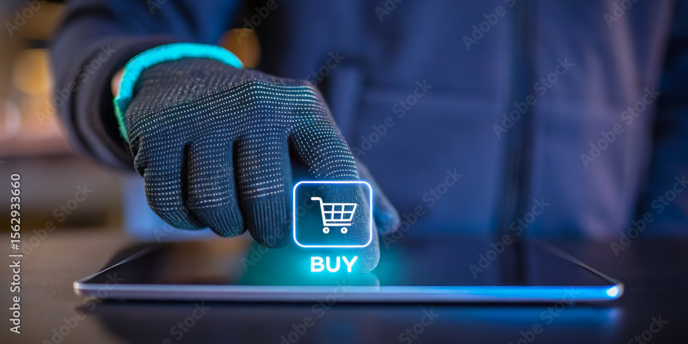 Poster e-commerce web button order concept. a gloved hand interacts with a digital tablet, pressing a glowi