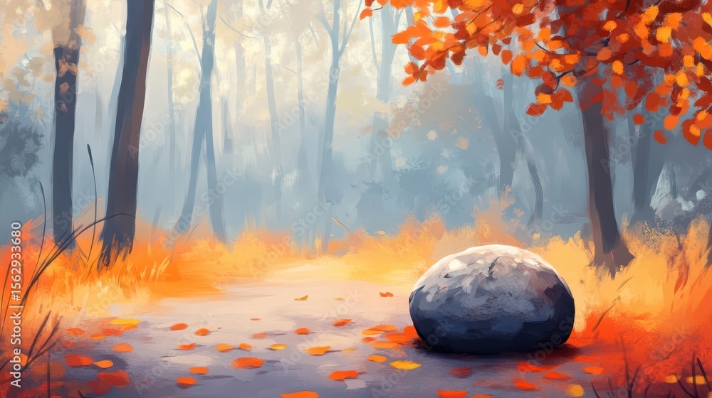 Poster autumnal forest path with a large stone.