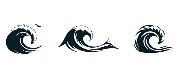 Fototapeta premium A set of three bold ocean wave silhouettes in abstract vector style.