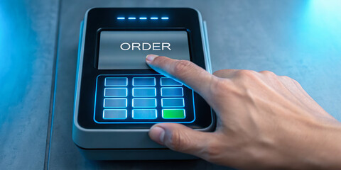 E-commerce web button order concept. A hand interacts with a digital ordering machine, featuring a screen that displays "ORDER" and a keypad for input.