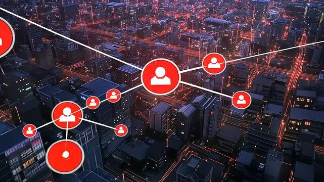 Abstract cityscape with digital connectivity, showcasing networked human icons over urban skyline - Powered by Adobe