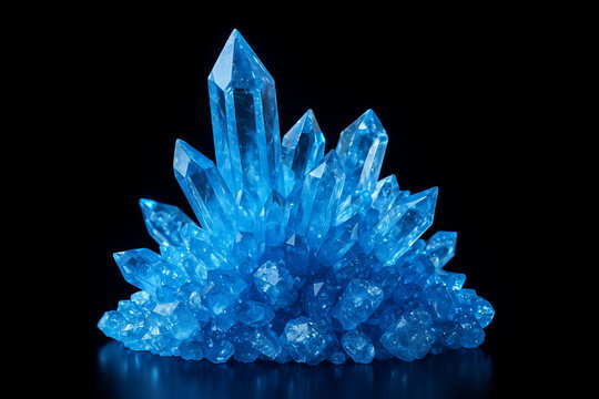 Brilliant cluster of shimmering blue crystals against a stark black backdrop evokes magic.