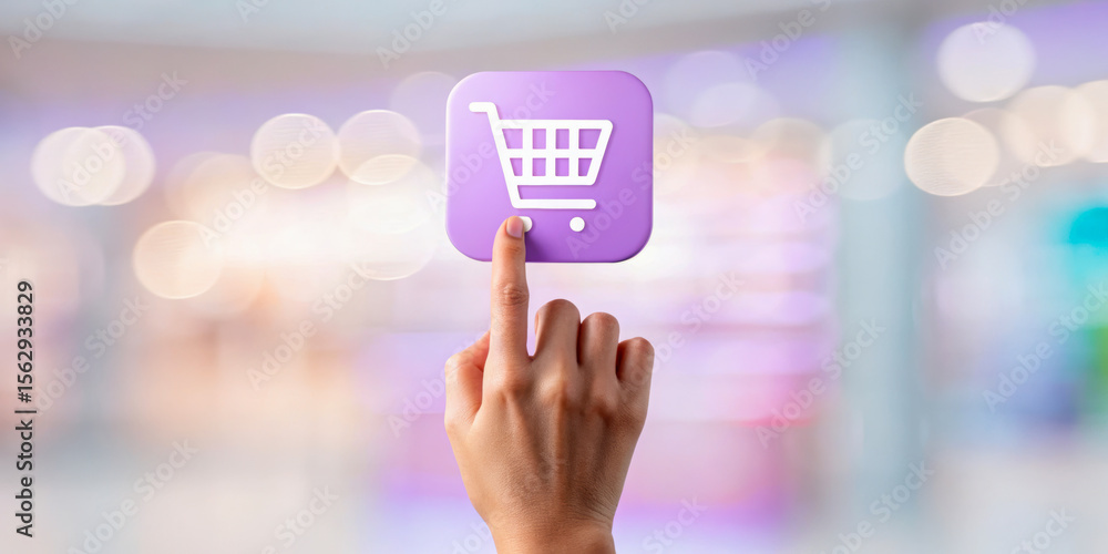 Poster e-commerce web button order concept. a hand pressing a digital shopping cart icon, symbolizing onlin