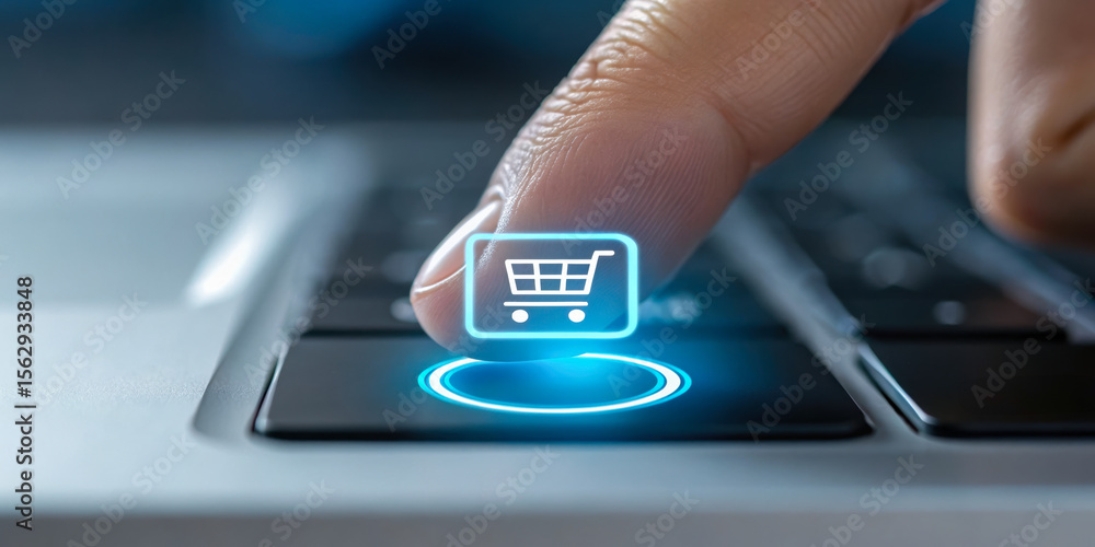 Poster e-commerce web button order concept. a close-up of a finger pressing a digital shopping cart icon on