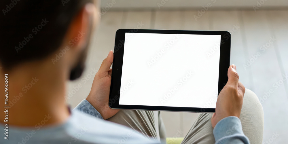 Poster e-commerce web button order concept. a man holds a blank tablet while seated, suggesting a moment of