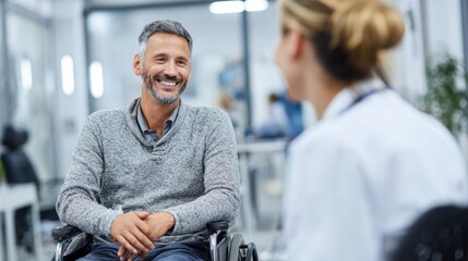Patient in a wheelchair smiling while listening to doctor, bright clinical