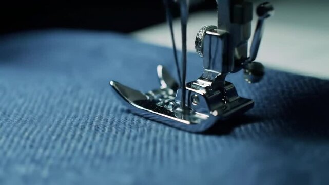 Sewing Machine Needle Stitching Blue Denim Fabric in a Close-Up Video - Powered by Adobe