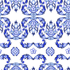Ceramic tile seamless pattern design. Royal ornament pattern in indigo and parliament blue colors.