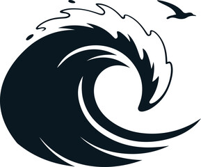 Stylized ocean wave curl with splash and flying bird silhouette.