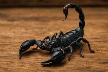 Detailed close-up captures the ominous beauty of a black scorpion on a rustic wooden surface.