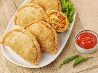 Pastel Goreng in Indonesia, pastel refers to a type of kue filled with meat, vegetables, and rice vermicelli deep fried in vegetable oil. It is consumed as a snack 